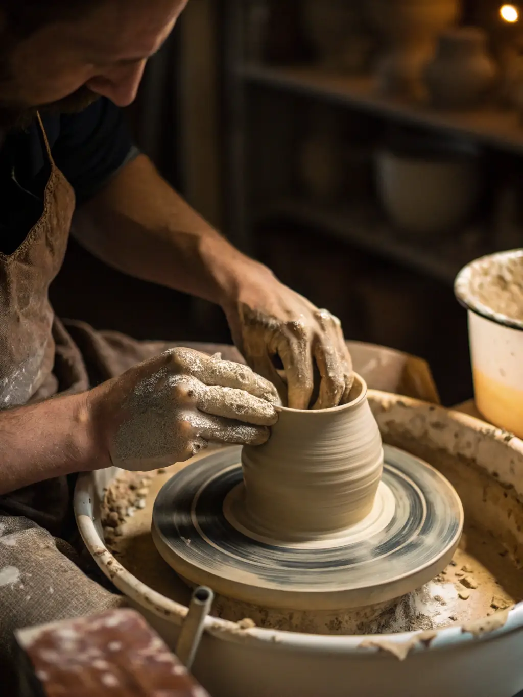A vibrant image of participants deeply engaged in a pottery workshop, their hands skillfully shaping clay on spinning wheels, showcasing the hands-on nature of the art workshops offered by the CDC.