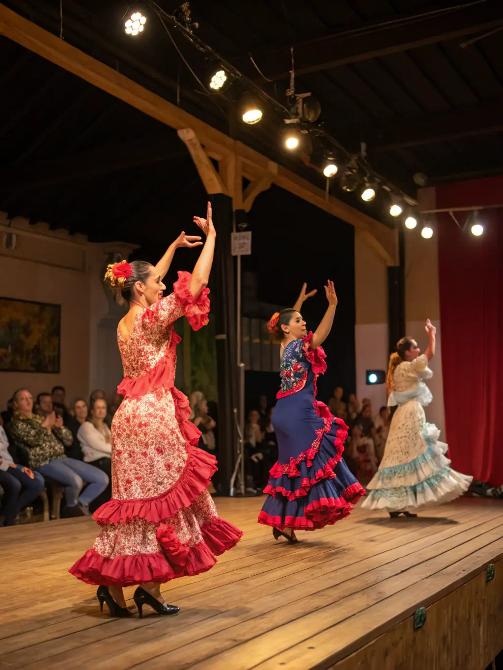 A dynamic image of a dance performance on stage, with dancers in colorful costumes moving gracefully, capturing the energy and artistry of the Cultural Development Center's dance program.