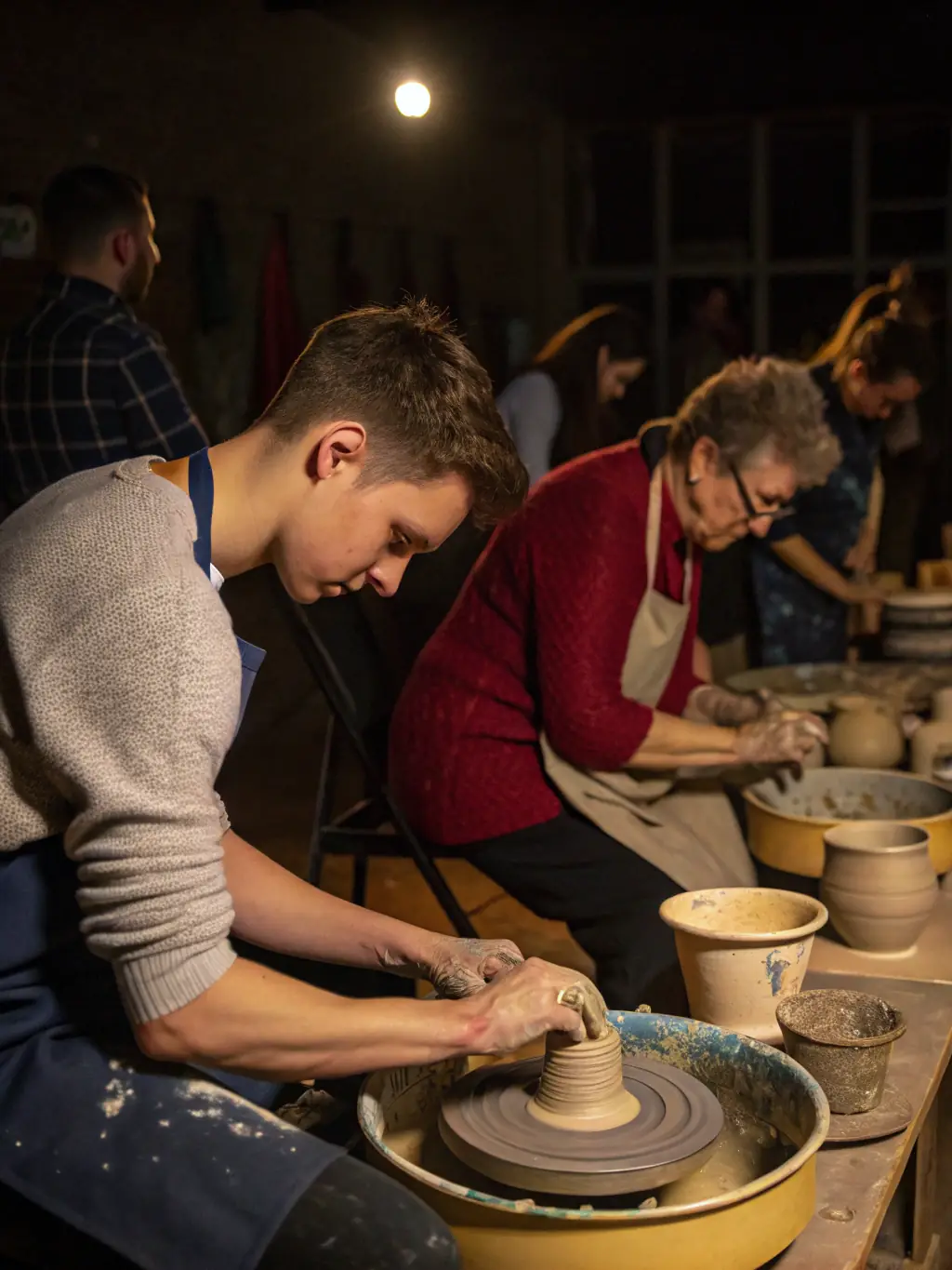 A vibrant image of participants engaged in a pottery workshop, hands covered in clay, showcasing the tactile and creative process, set in a brightly lit studio at the Cultural Development Center.