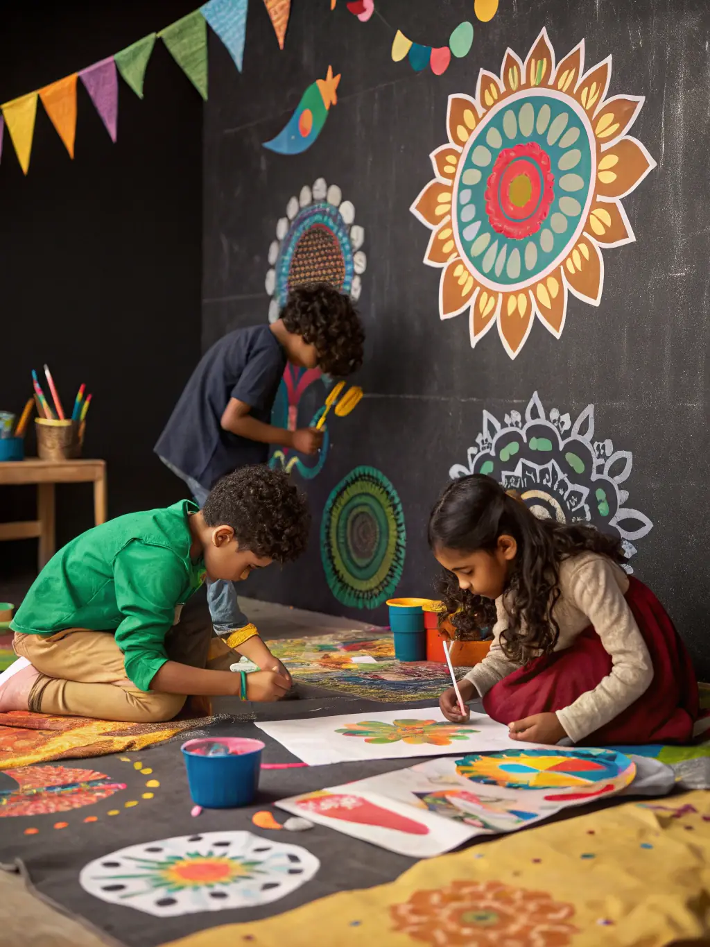 A captivating image of children painting murals on a large outdoor wall, showcasing the collaborative and community-focused nature of the Cultural Development Center's art programs.
