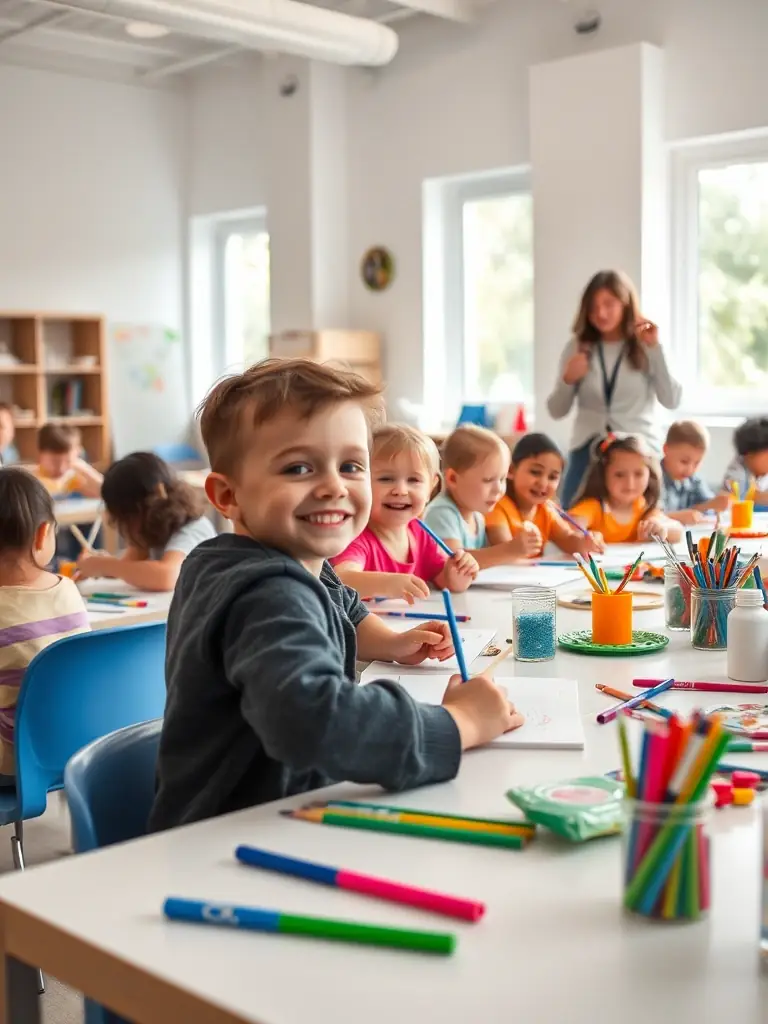 A colorful and engaging scene of children participating in an art class at the CDC, painting vibrant pictures and expressing their creativity under the guidance of an instructor.