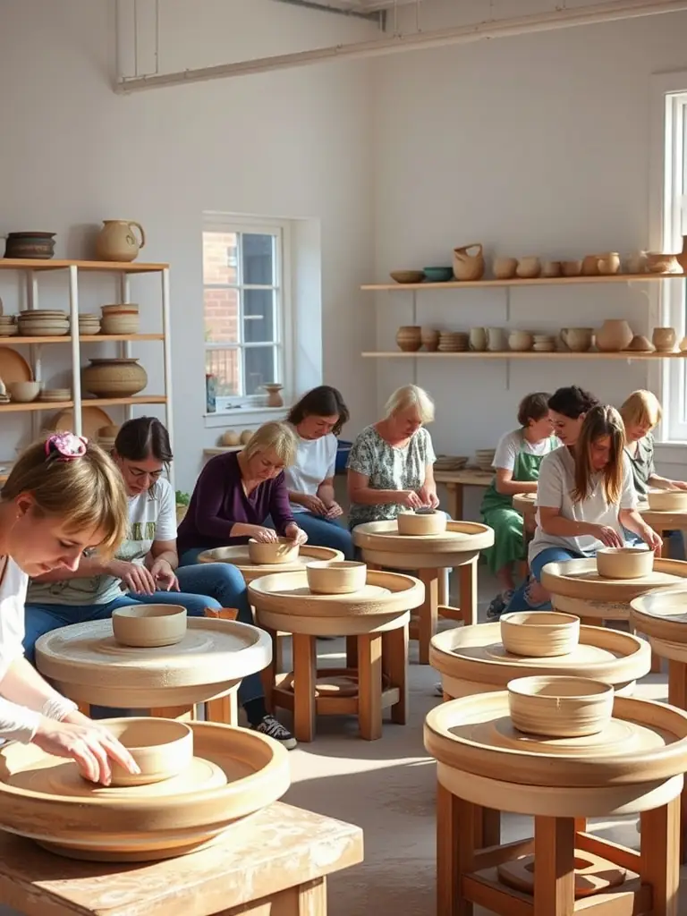 A photograph capturing a diverse group of participants deeply engaged in a pottery workshop at the CDC, showcasing the tactile and expressive nature of the art form.