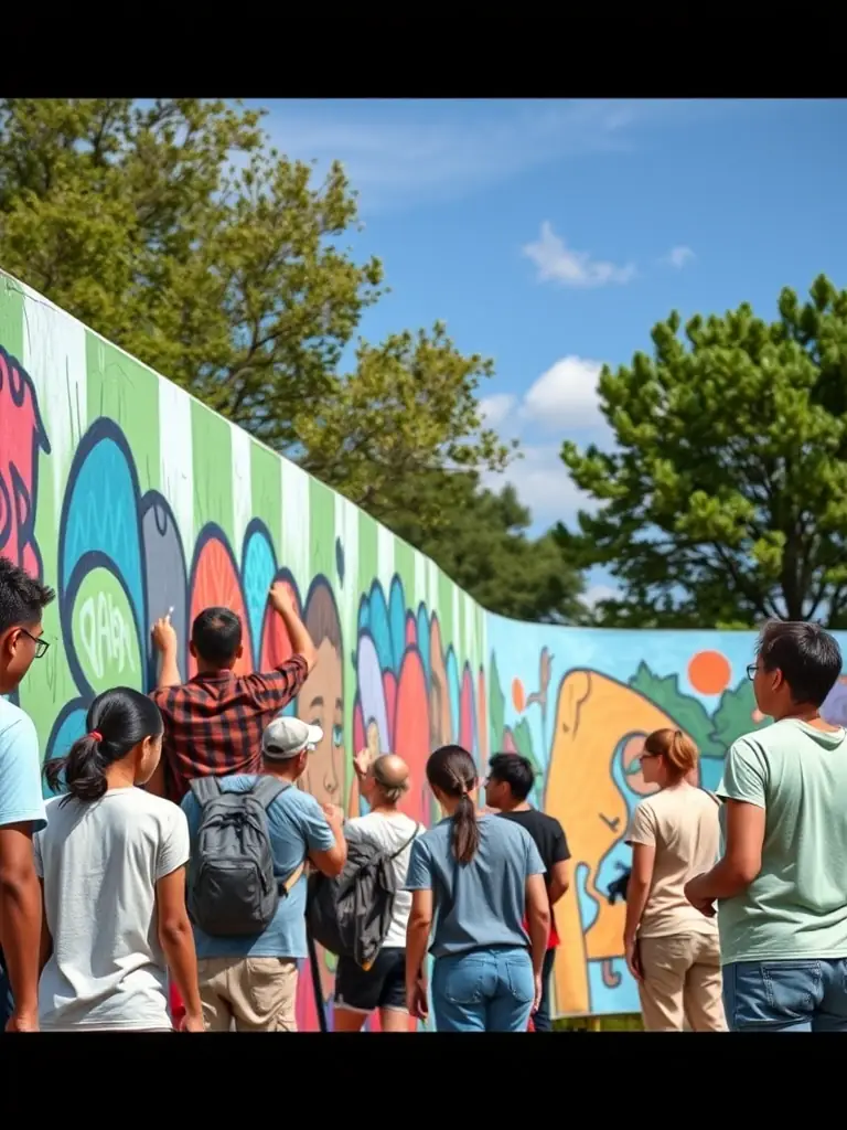 A photograph showcasing a collaborative art project at the CDC, where community members are working together to create a large-scale mural, symbolizing unity and creativity.